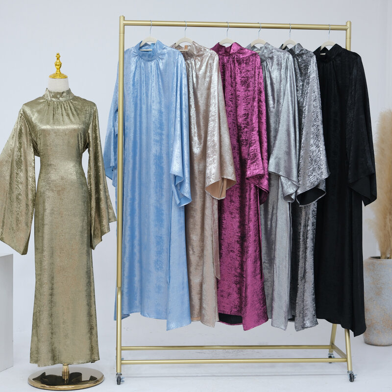Muslim Dresses for Women Stand Collar Flared Sleeves Evening Party Abaya Dubai Turk Islamic Clothing Ramadan Kaftan (No Scarf)