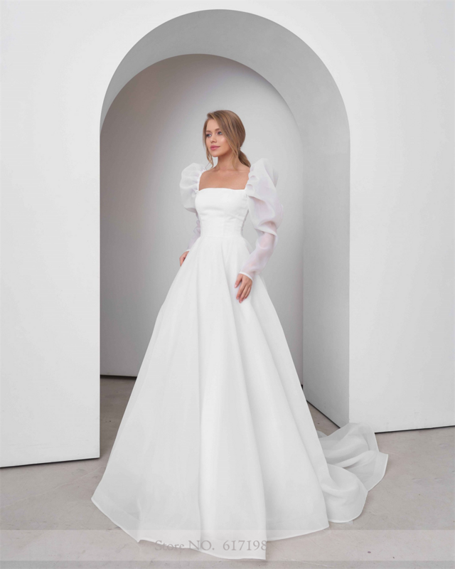 Classic Chiffon Square Collar Wedding Dress A-line Court with Long Sleeve Wedding Gowns for Bridal robe de mariée
