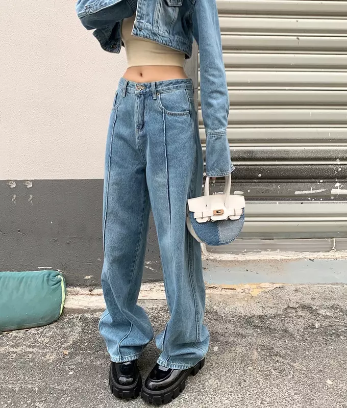 Jeans donna pantaloni in Denim a gamba larga a vita alta primavera autunno Streetwear pantaloni larghi Casual Hip Hop alla moda donna 4641
