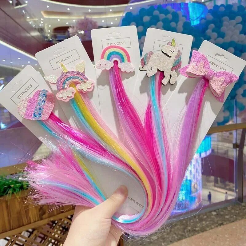 Children Unicorn Colorful Wig Hairpins Hair Accessories Kids Girls Hairclip Fake Hair Twist Braid Headdress Hair Clips Barrettes