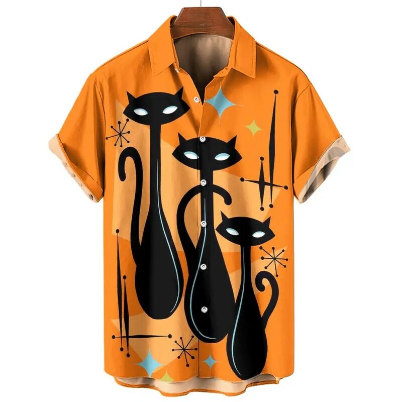 남성용 애니메이션 고양이 그래픽 셔츠, 여름 캐주얼 오버사이즈 티, 반팔 상의, 하라주쿠 스트리트웨어, 남성 의류