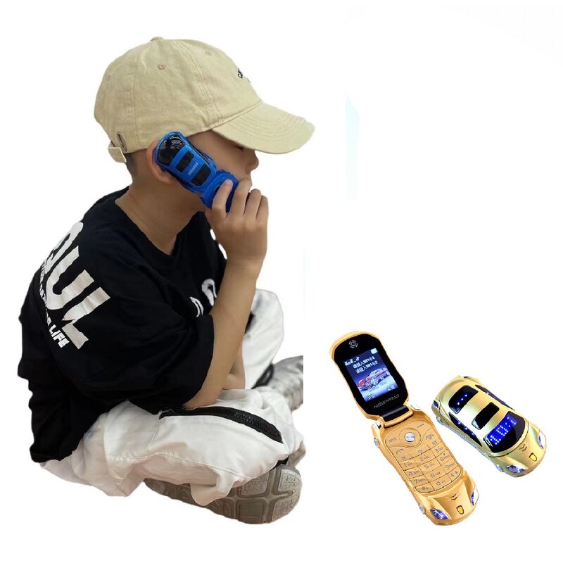 Teléfono Móvil plegable con tapa para niños, Mini teléfono móvil con forma de coche, MP3, MP4, Radio FM, SMS, MMS, cámara, linterna, Tarjeta SIM Dual