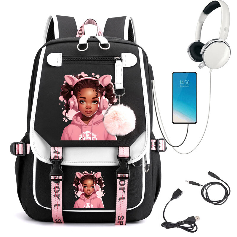 Chibi Black Girl Print School Backpack Cartoon School Bag Student Teens Bookbag Laptop Mochila Travel Backpack Kawaii Bagpack