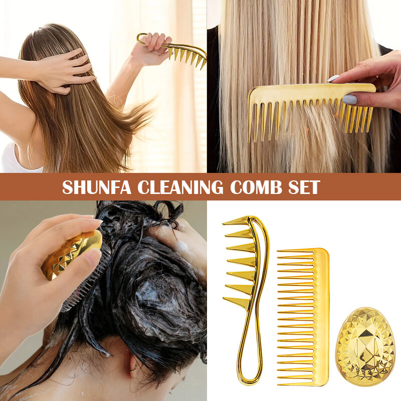 Golden Hollow Wide Tooth Scalp Massagem Pente, Escova de limpeza de silicone doméstico para banho de cabelo, Barber Salon Styling Tools, 3pcs