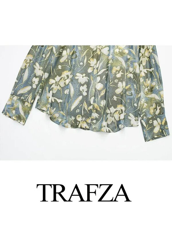 TRAFZA-Conjunto elegante con estampado de flores para mujer, camisa de manga larga y Falda Midi plisada de cintura alta, primavera 2024