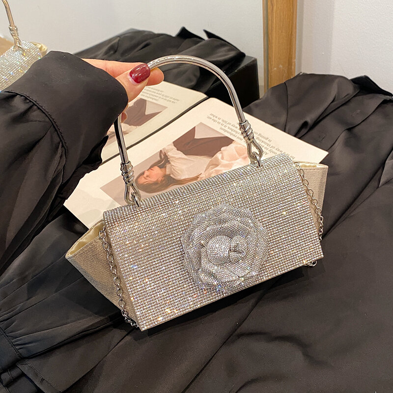Rose Flower Diamond Evening Bag Wedding Party Purse Fashion Women's Shoulder Bag Luxury Metal Handle Crossbody Bags Mini