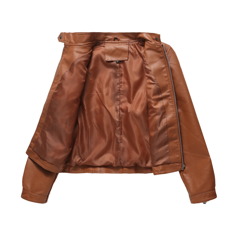 Women's Leather Jacket Sleeve Zipper Decoration Fashion Standing Neck Diagonal Zipper Faux Leather Coat