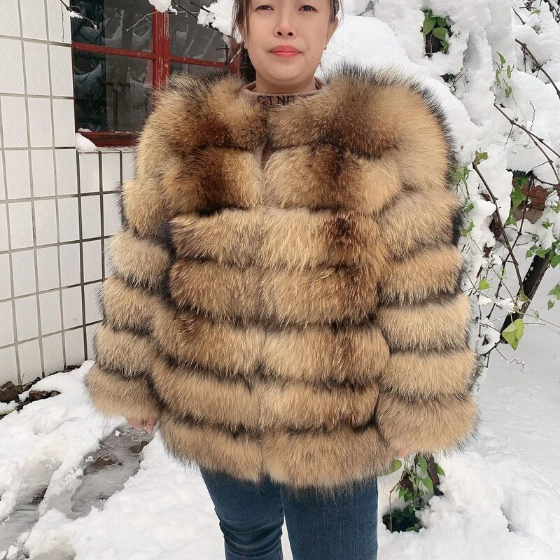 Новинка, женская шуба из меха енота, женская зимняя шуба из 100% натурального меха енота, женское теплое роскошное пушистое меховое пальто, бесплатная доставка