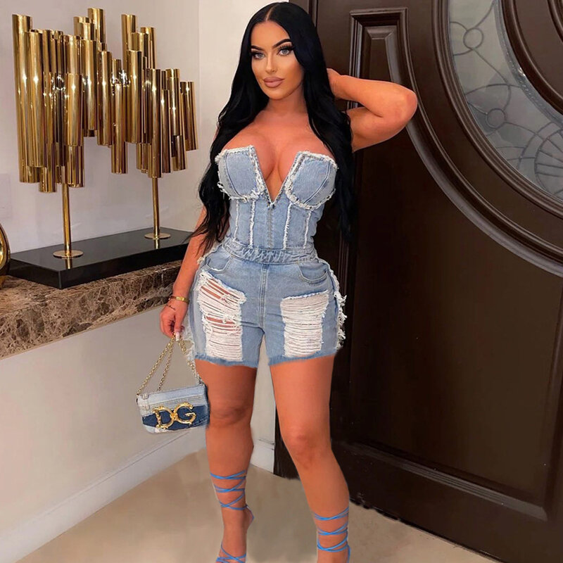Fashion Ripped Hollow Out Denim Jumpsuit Casual Sleeveless Bodycon Short Women Playsuits Summer Clothings Streetwear Rompers