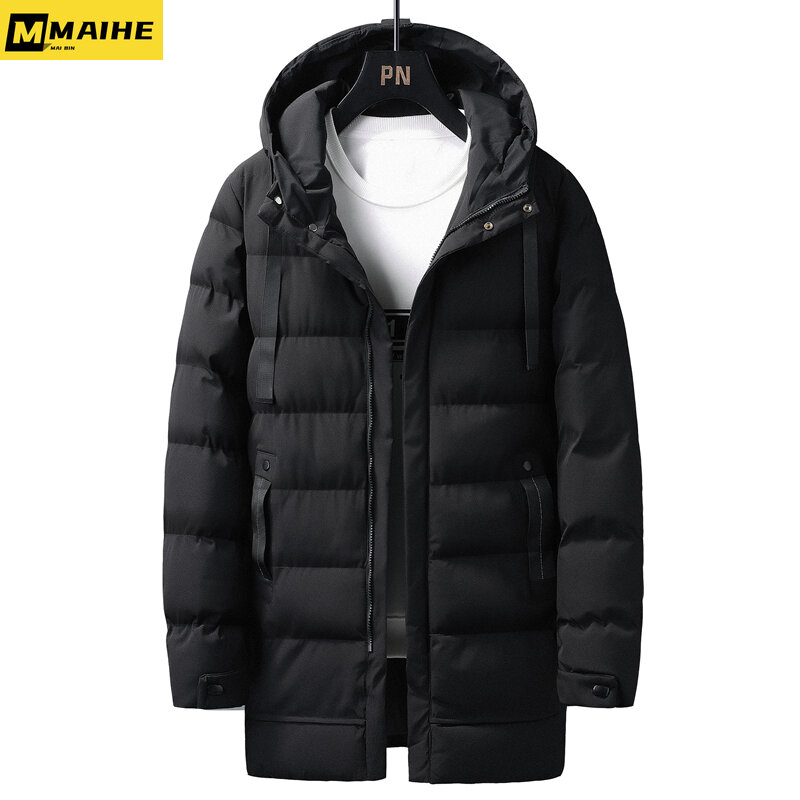 Casaco de inverno acolchoado de comprimento médio masculino, versão coreana, elegante e moderno, casaco de parka quente, roupa grossa, 22024
