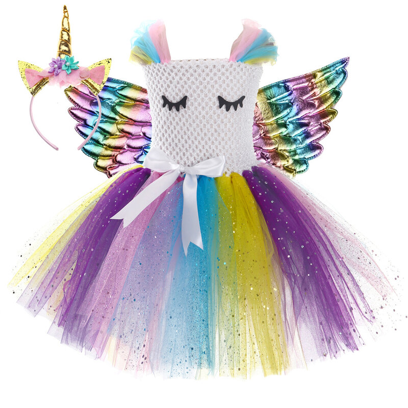 Sparkly Unicorn Costumes for Girls Kids Twinkle Halloween Tutu Dress with Wings Children Birthday Party Outfit Glittery Clothes