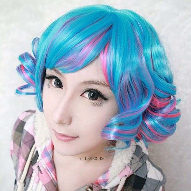 Blue Mix Red Synthetic Cosplay Wig Female Halloween Costume for Women Anime Lolita Wigs Drag Queen Fancy Dress Party Curly Short
