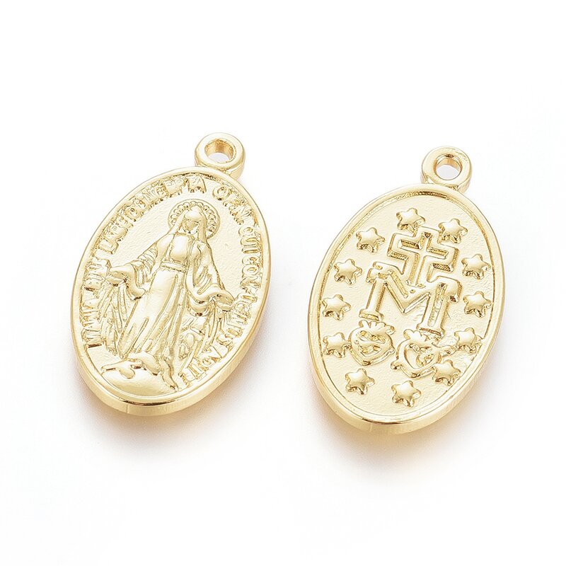 Colgantes de latón para fabricación de joyas, 10 piezas, ovalados con dijes de la Virgen María, Medalla Milagrosa Real chapada en oro de 18K, pulsera y collar DIY
