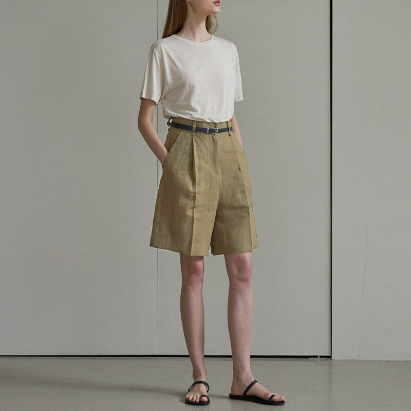 100% Linen Office Lady Midi Shorts Elegant High Waist Pleated Short Pants Female Summer Fashion Casual Pockets Shorts 2023 New