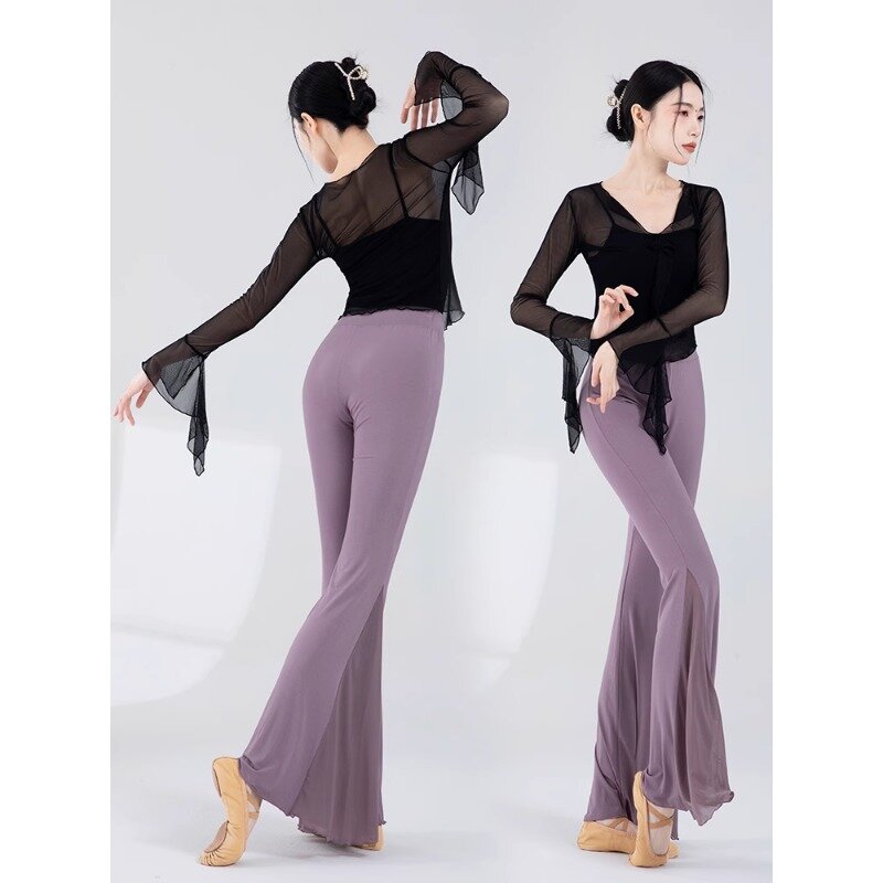 Fato moderno de treinamento de dança para mulheres, top, calça fishtail micro queimado, roupa longa de malha clássica