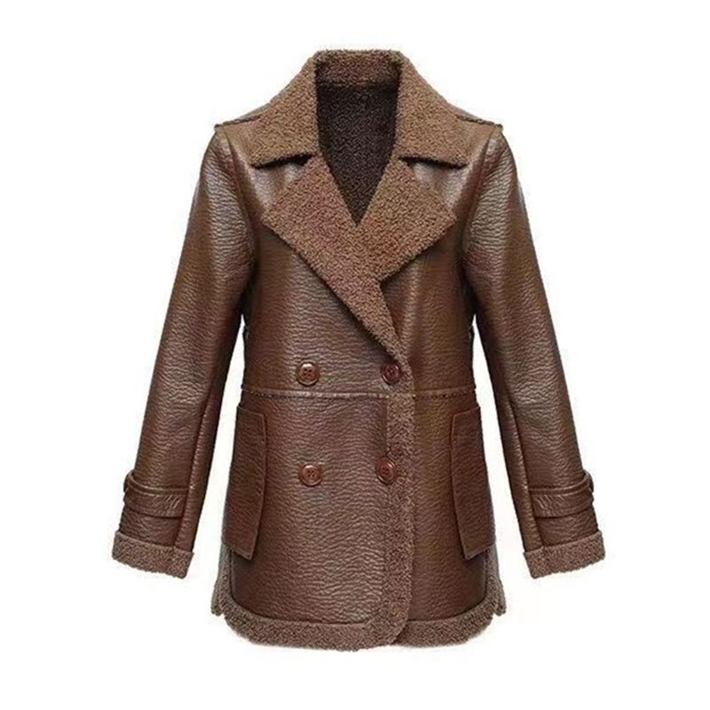 Jaket kulit wanita, mantel kulit PU pendek musim gugur musim dingin 2024 sisi ganda 4XL perempuan menambahkan beludru hangat