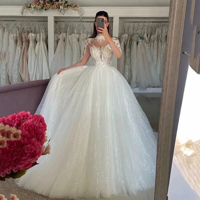 Long Sleeve Mermaid Wedding Dresses 2024 New High Collar Exquisite Lace Appliques Elegant Fluffy Mopping Bride Gowns Women Robe
