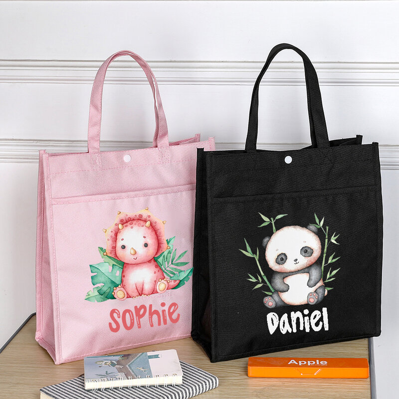 Персонализированные сумки-тоуты с животными и именем для детей, милые портфели для книг и чтения для дома и библиотеки, детская школьная сумка, подарок на день рождения