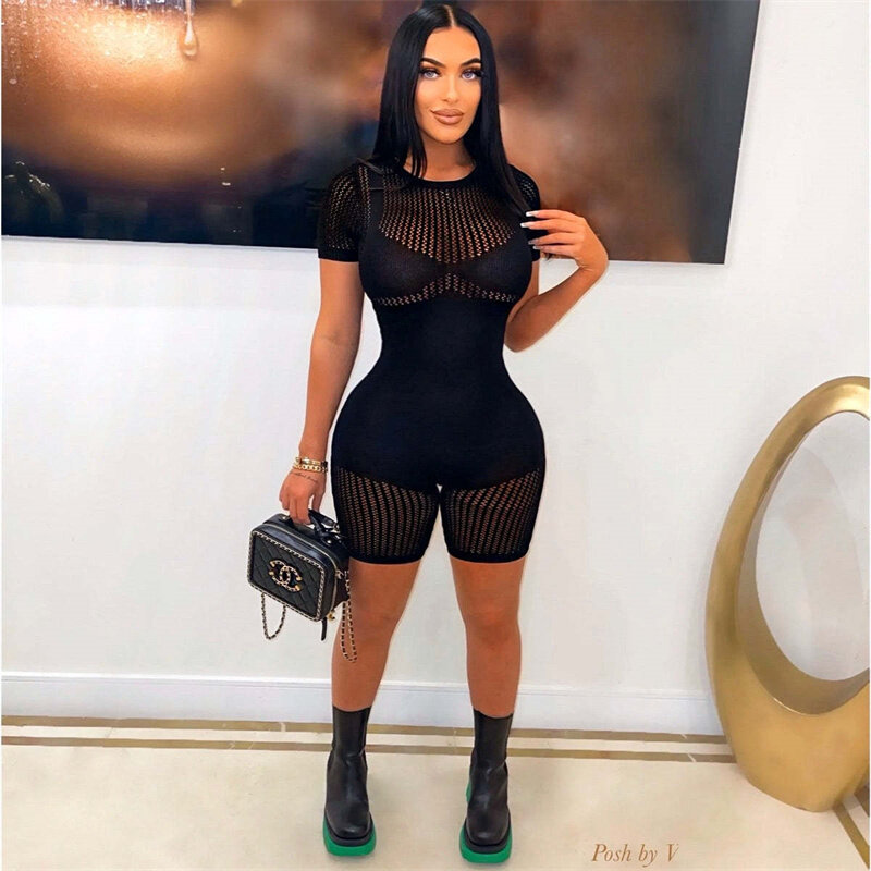 Hollow Out Knitted Shorts Jumpsuits Woman 2023 See Through Patchwork Short Sleeve Bodycon Playsuit Summer Casual Club Romper