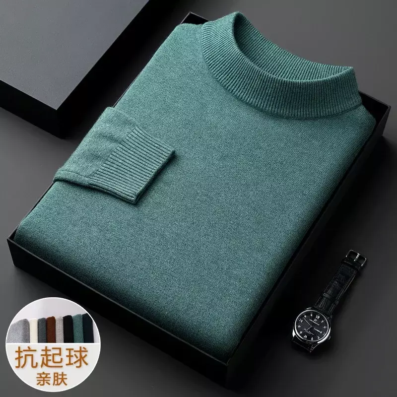 New 2023 Men's Mock Collar 100% Pure Woolen Sweater Tops Autumn Winter Cashmere Sweater Men Pullover Knitted Warm Sweater Male
