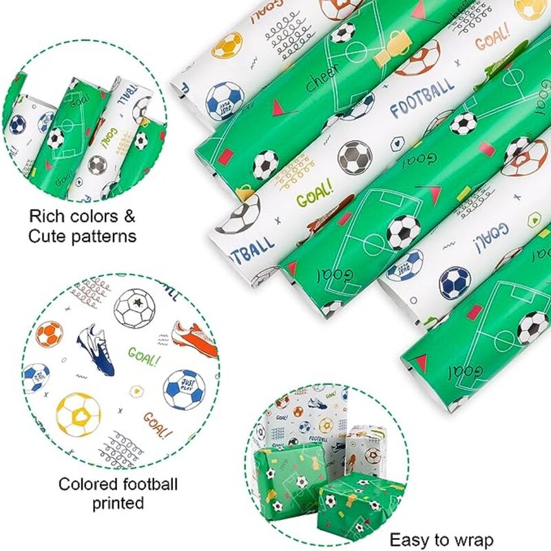 Cartoon Style Gift Embrulho Papel, Papel Revestido, Embalagem Padrão De Futebol, Colorido, Aniversário, Meninos, 50x70cm