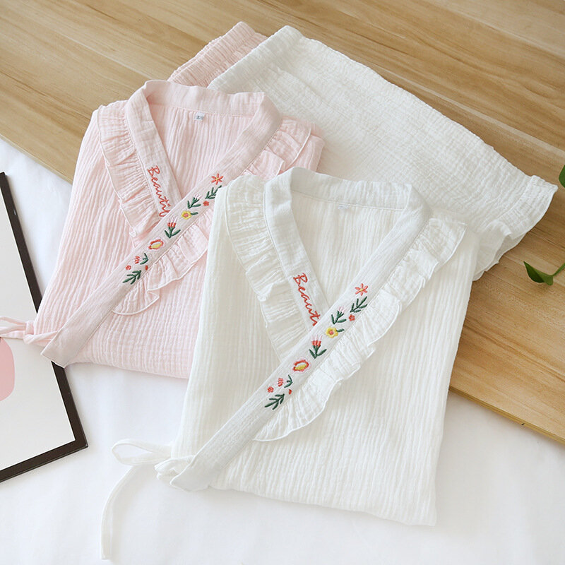 Japanese Kimono Pajamas Women Summer 100% Cotton Double Gauze Pajama Set Short Sleeve Shorts Loose V-Neck 2 Piece Sleepwear