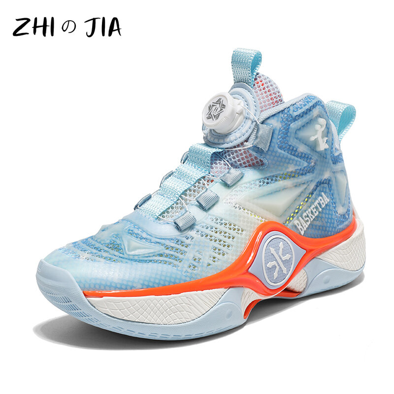 Children's High Quality Rotary Buckle Basketball Shoes 2024 Summer Boys Single Mesh Glow Sneaker Outdoor Fashion Anti Slip Shoes