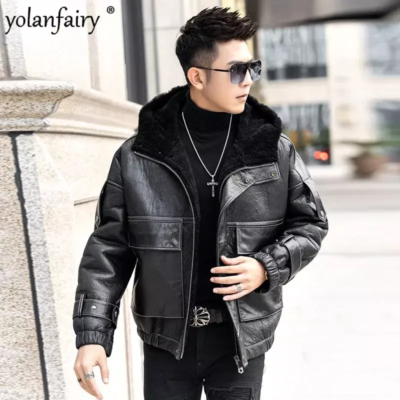 Mantel bulu alami asli jaket kulit pria jaket bulu bertudung pendek untuk pria pakaian bulu asli longgar baru musim dingin pria