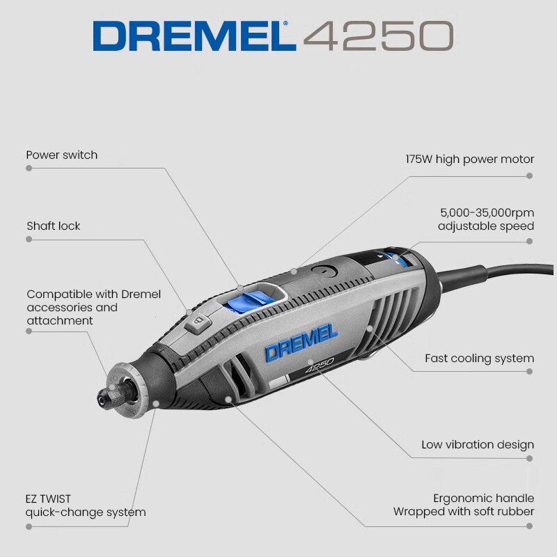 Dremel ชุดเครื่องบดไฟฟ้า3/50 4250เครื่องมือโรตารี่4250พร้อมอุปกรณ์เสริม3ชิ้น50ชิ้น175วัตต์220โวลต์ความเร็วแปรผัน5000-35000รอบต่อนาที