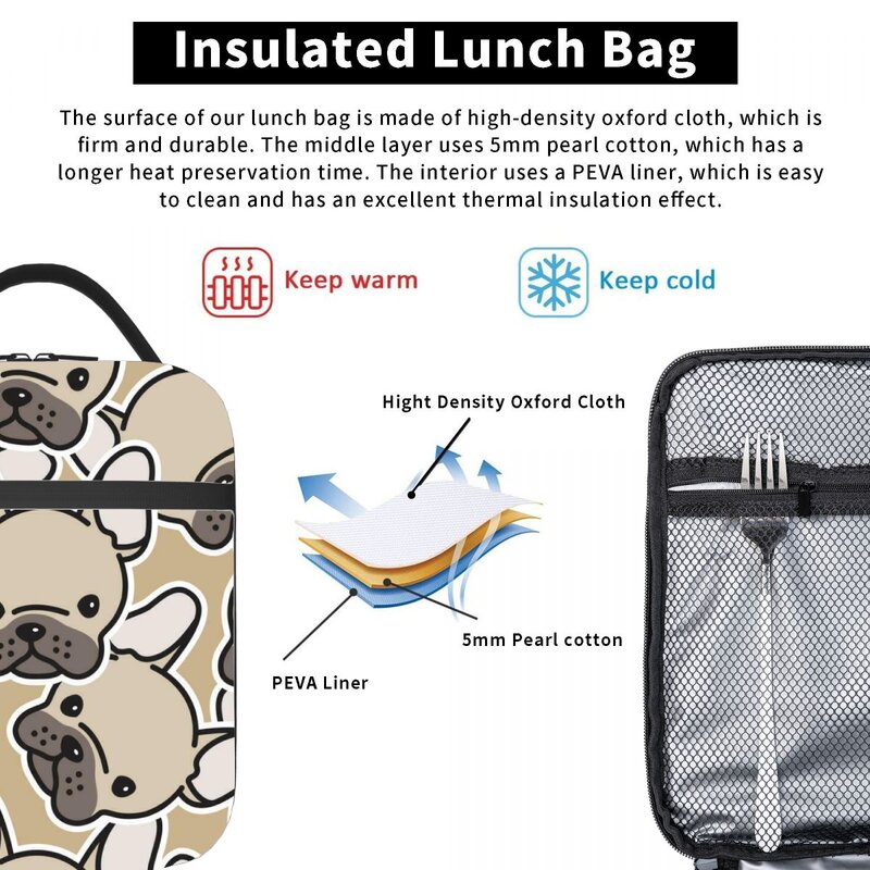 Bolsa de papel de aluminio portátil de dibujos animados de bulldog Francés, bolsa de almuerzo aislada gruesa, bolsa de almuerzo aislada impermeable