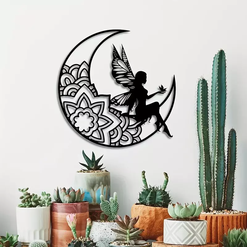3D Moon Fairy Metal Signs Plaque, Fairy Metal Wall Art, Hollow Metal Silhouette For Room Outdoor Home Decor, funny decor