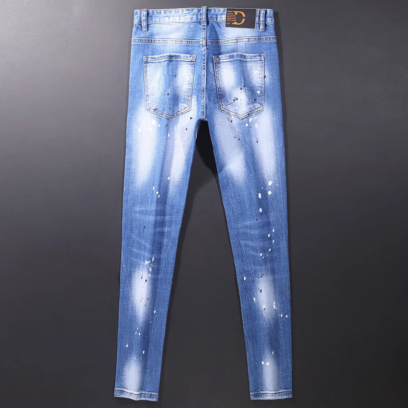 Street Fashion Men Jeans Retro Light Blue Plain Washed Elastic Skinny Fit Ripped Jeans Men Vintage Designer Denim Pencil Pants