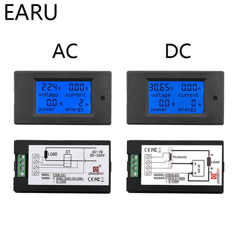 Voltímetro Digital com Display LED, Amperímetro, Testador de Voltagem, Medidor de Energia, 20 A, 100 A, CA, 80V a 260V, CC, 6,5V a 100V, 12V, 24V, 110V, 220V