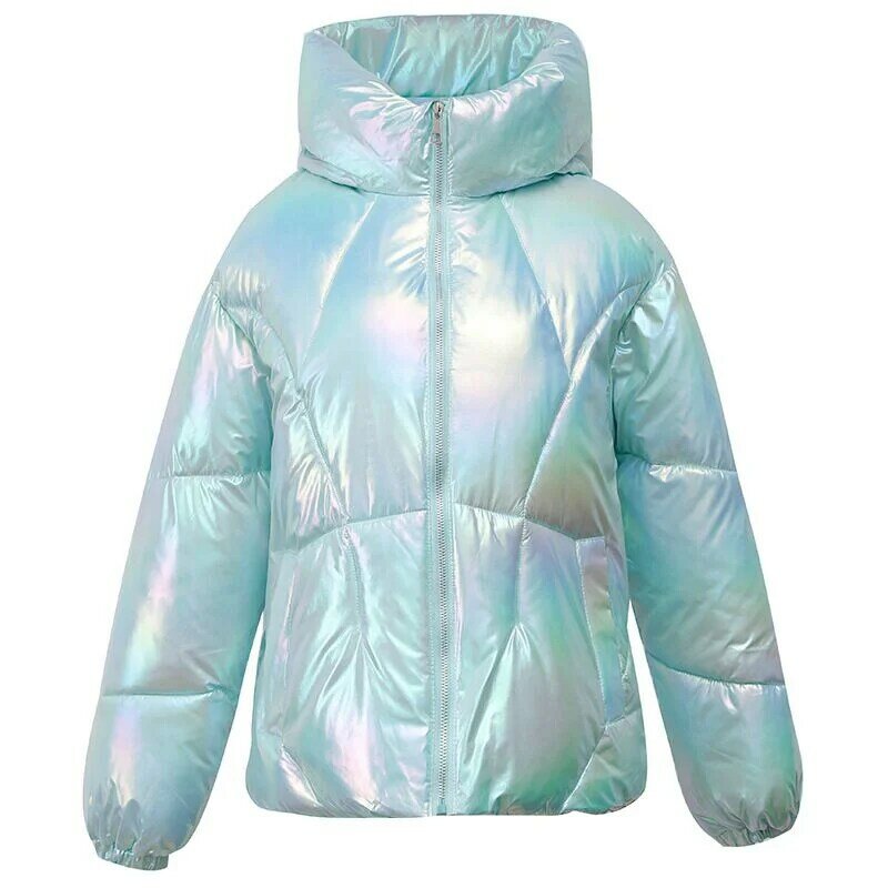 Zimowe dziewczęce kurtki gruby kaptur w nowym stylu wysokiej jakości luźny, szykowny Design wyczuwa laserowe ciepłe unikalne bawełniane ocieplana odzież wierzchnia