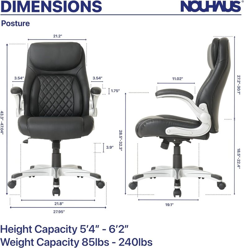 Perawatan kursi kantor kulit PU ergonomis dan postur. Penyangga Lumbar Click5 dengan FlipAdjust sandaran tangan. Kursi eksekutif Modern