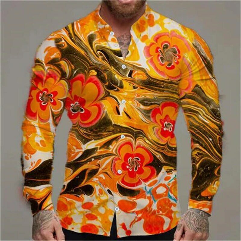 Camisa de manga longa com padrão havaiano masculina, roupas masculinas, estampa de flores, rua casual, camisas masculinas, tops, blusa, lapela, feriado, 2024