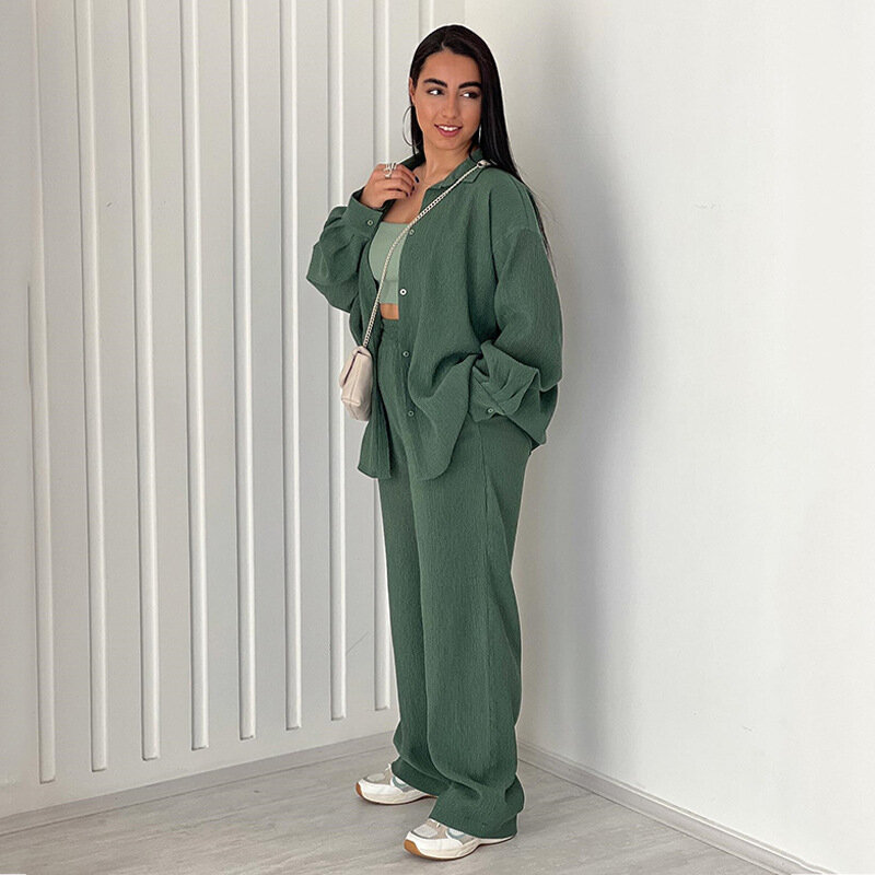 Women's Casual Suit 2024 the Latest Solid Color Loose Shirt Long Sleeve Button Up Top Wide Leg Trousers Long Pants Two-piece Set