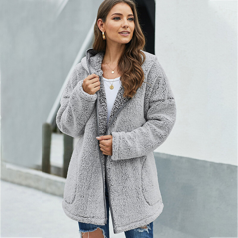 Бархатное и утепленное женское пальто с капюшоном средней длины, свободное однотонное повседневное пальто 85279