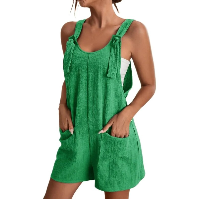 Women Bohe Loose Overalls Solid Color Square Collar Playsuits Sleeveless Rompers Summer Casual Clothes Jumpsuit With Pocket