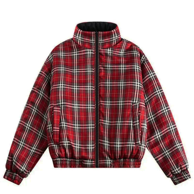Vintage Double-sided Jacket Parka Men Women Cropped Plaid winter Thicken Stand Collar Loose Coat Street Outwear Lightweight New