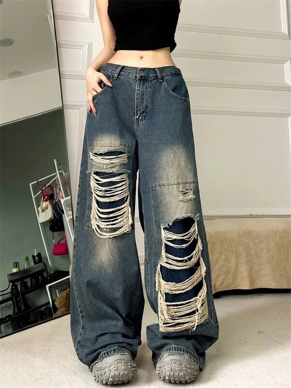 New American High Street Crowd Design Feeling Broken Hole Jeans Women Summer High Waist Retro Loose Blast Street Wide Leg Pants