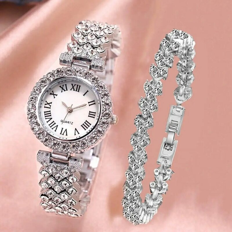 Kit de bracelet de montre pour femme, cadran rond, biscuits brillants, chiffres romains incrustés, affichage du pointeur, cadeau décoratif précis pour femme