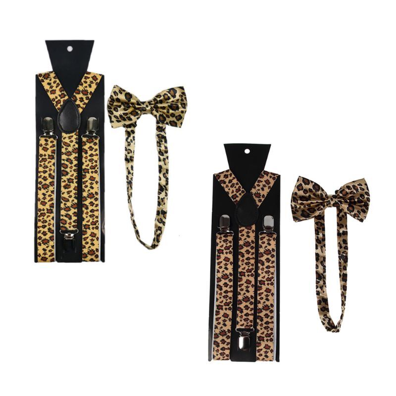 Masculino feminino suspender gravata borboleta conjunto 2.5cm largura animal leopardo impressão ajustável 3 clip-on y-back
