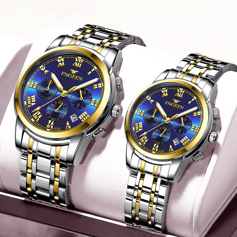Reloj de acero inoxidable para hombre y mujer, cronógrafo de cuarzo con forma redonda, color dorado y azul, informal, a la moda, novedad