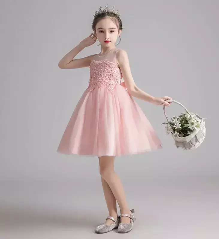 Gaun anak perempuan, baju putri anak perempuan bunga lembut jala, baju pentas Festival 2024 musim panas
