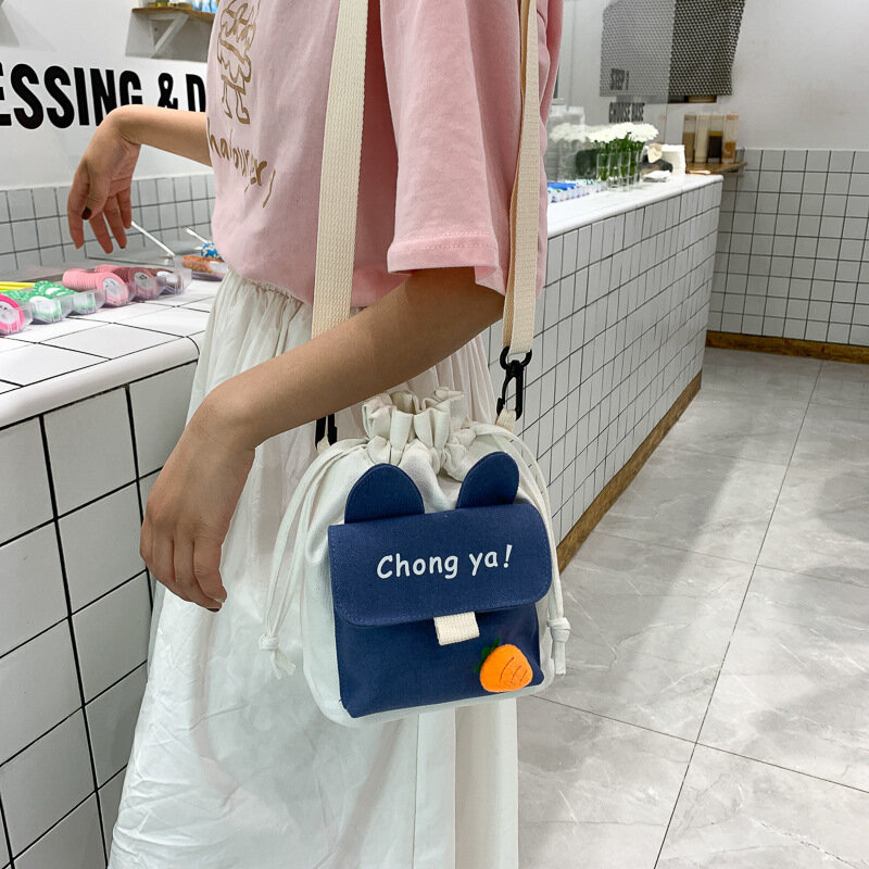 Canvas Bucket Bag Cute Bags, New Drawstring Bag Korean ins Shoulder Bag Hundred Students Bag Cell Phone Bag Summer Women's Bag