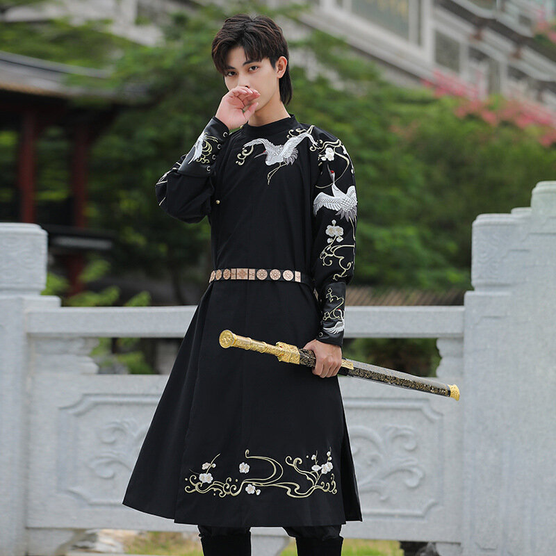 남성용 중국 전통 자수 크레인 한푸 드레스, 당나라 정장, 오리엔탈 패션 로브, 가디건, 유카타 파티 코스프레 의상