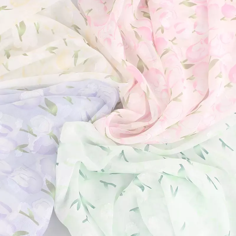 Tecido Chiffon floral pelo medidor para vestidos, saias, roupas, costura DIY, tulipa impressa, pano fino de verão, flor macia e transparente