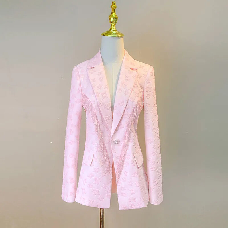 Blazers rosa para mulheres, manga comprida, jacquard, jaqueta elegante, borla de cristal casual, casaco fino para senhora, moda feminina, primavera e outono, 2024