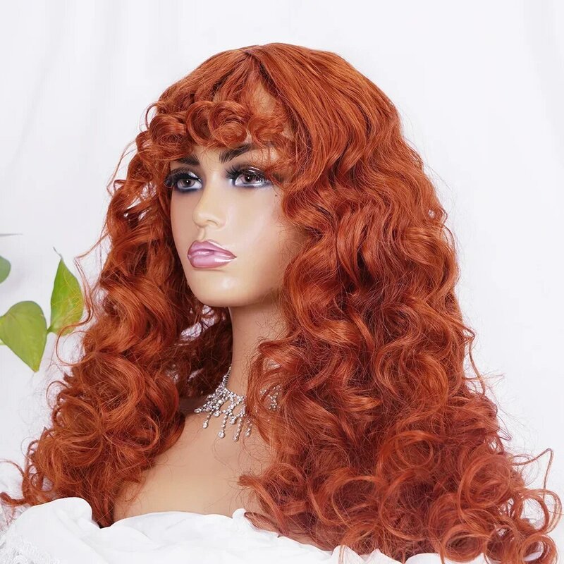 Wig keriting longgar pendek jahe tembaga coklat merah untuk wanita Wig rambut Cosplay alami sintetis untuk wanita dengan poni tahan panas